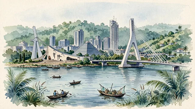 Watercolour of Abidjan, Ivory Coast. The "Manhattan of West Africa" set around the Ébrié Lagoon, with Post Office Tower and St. Paul's Cathedral.