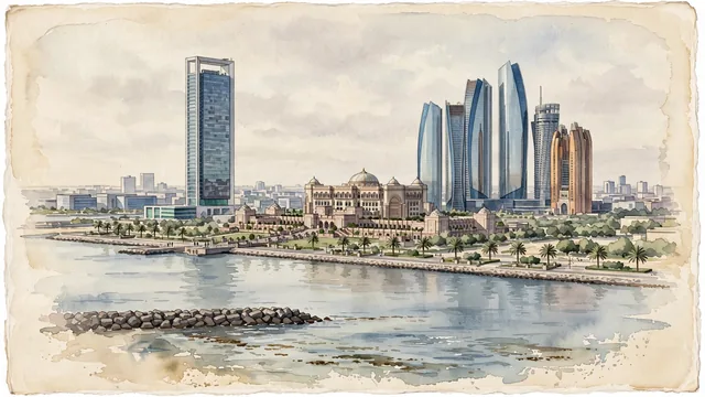 Watercolour of Abu Dhabi, United Arab Emirates. Western Corniche of this low, flat island city on the Arabian Gulf, with an engineered waterfront rather than mountains or a natural cliff coast. Featuring Etihad Towers and Emirates Palace.