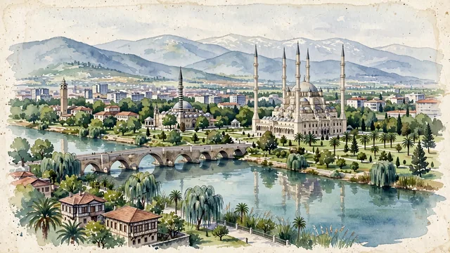 Watercolour of Adana, Turkey. On the Seyhan River, with Sabancı Central Mosque and Roman Stone Bridge.