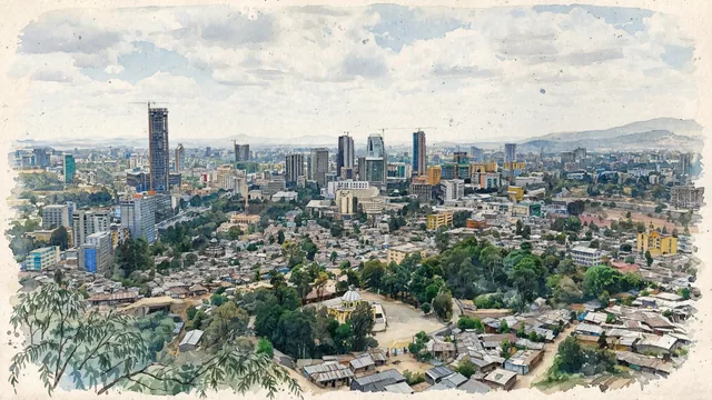 Watercolour of Addis Ababa, Ethiopia. Ddis Ababa as a large Ethiopian highland city spreading southward from the slopes of Entoto, with an uneven built-up plateau rather than a flat tropical coast. Featuring Entoto and St George’s Cathedral in Piazza.
