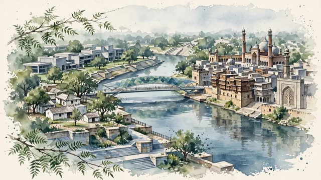 Watercolour of Ahmedabad, India. India's first UNESCO World Heritage City, with Sabarmati River and Sabarmati Ashram.