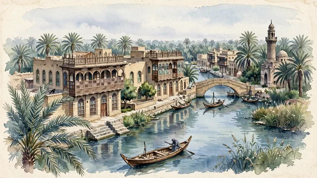 Watercolour of Al Başrah al Qadīmah, Iraq. Old Basra, the ancient "Venice of the East" on the Shatt al-Arab waterway, with Ashar Canal and Old Mosque of Basra.