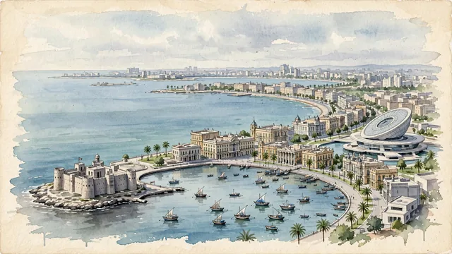 Watercolour of Alexandria, Egypt. The "Pearl of the Mediterranean", with Citadel of Qaitbay and Bibliotheca Alexandrina.