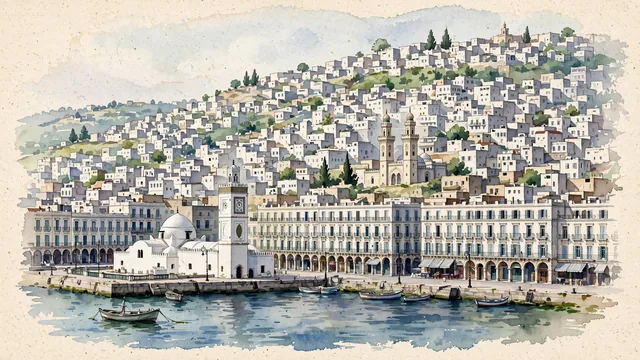 Watercolour of Algiers, Algeria. Steeply rising city above the Bay of Algiers, with the compact Casbah climbing behind the formal waterfront. Featuring The Casbah of Algiers and Ketchaoua Mosque.