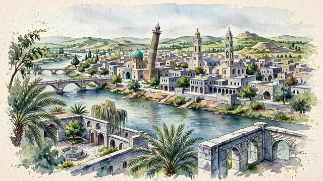 Watercolour of Al Mawşil al Jadīdah, Iraq. Western Mosul along the Tigris River, an ancient city of limestone and marble, with Saint Thomas Syriac Catholic Church and the Latin Church and Tigris River.