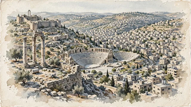 Watercolour of Amman, Jordan. Mman as dense pale development draped over successive limestone hills and wadis, with the older downtown in a basin below the Citadel. Featuring The Amman Citadel on Jabal al-Qal’a and The Temple of Hercules.