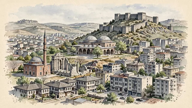 Watercolour of Ankara, Turkey. Nkara on the dry, rolling central Anatolian plateau, with Ankara Castle and The Museum of Anatolian Civilizations.