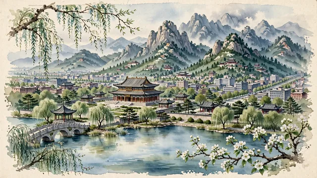 Watercolour of Anshan, China. The "City of Steel and Jade" bordered by the dramatic Qianshan Mountains, with Qianshan and Buddhist and Taoist.