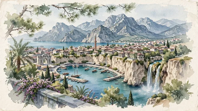 Watercolour of Antalya, Turkey. The capital of the Turkish Riviera set atop travertine cliffs, with Yivliminare Mosque and Hadrian's Gate.
