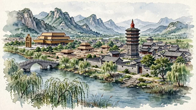 Watercolour of Anyang, China. The ancient Shang Dynasty capital (Yin) and the birthplace of Chinese oracle bone script, with Wenfeng Pagoda and UNESCO World Heritage.
