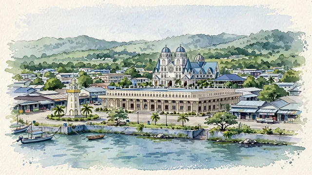 Watercolour of Apia, Samoa. Pia along its low harbor front on the north coast of Upolu, with the town spreading inland toward green volcanic uplands. Featuring The Immaculate Conception Cathedral at Mulivai and Apia Clock Tower.