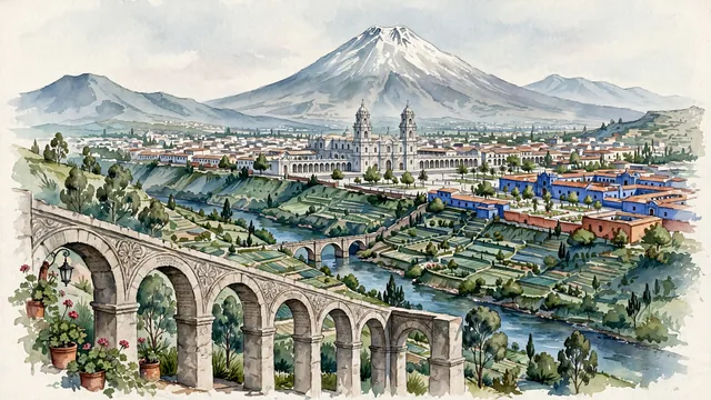 Watercolour of Arequipa, Peru. The "White City" (La Ciudad Blanca) framed by Mount Misti, with Basilica Cathedral of Arequipa and Misti.