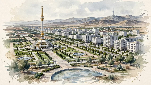 Watercolour of Ashgabat, Turkmenistan. Shgabat on the dry piedmont between the Karakum desert plain and the Kopet Dag mountains to the south, with The Independence Monument and Independence Park.
