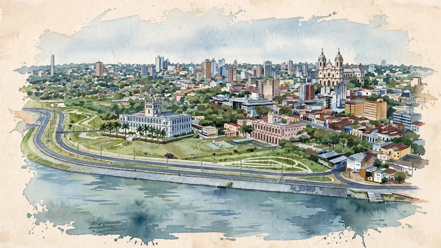 Watercolour of Asunción, Paraguay. Sunción rising gently above the Bay of Asunción and the Paraguay River, with a low, irregular inland topography rather than an Andean mountain setting. Featuring Palacio de los López and The Cabildo.