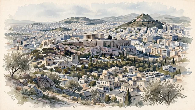 Watercolour of Athens, Greece. Thens as a broad, densely built basin of pale buildings around the limestone Acropolis, with dry Attic hills and extensive modern neighborhoods beyond. Featuring The Acropolis rock and The Parthenon.