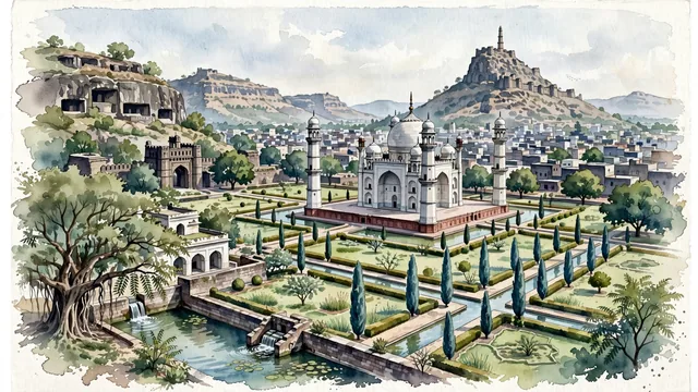 Watercolour of Aurangabad, India. In the Deccan plateau, famous for the Bibi Ka Maqbara and Daulatabad Fort, with Bibi Ka Maqbara and Daulatabad Fort.