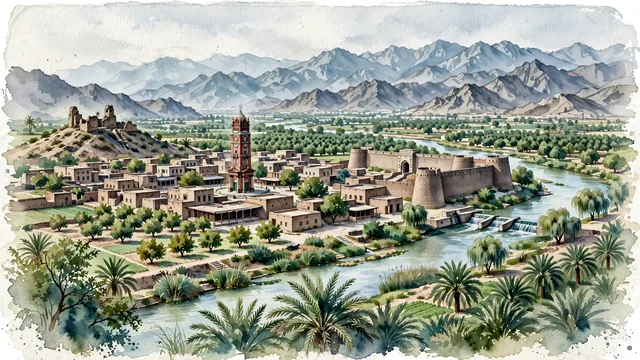 Watercolour of Bannu, Pakistan. The historic Pashtun oasis city in the Kurram River valley, with Clock Tower of Bannu and Fort Edwardes.