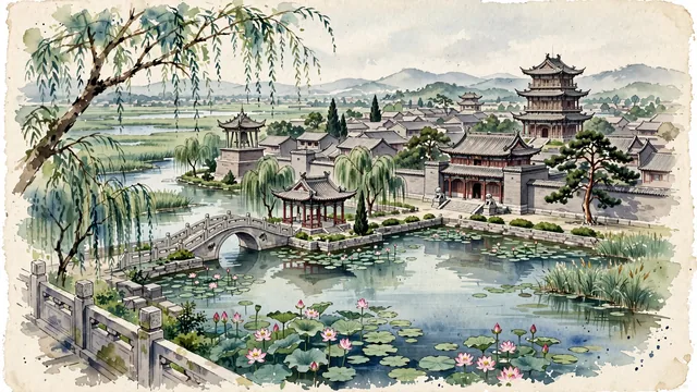 Watercolour of Baoding, China. The historic provincial capital of Zhili, with Ancient Lotus Flower Pond and Zhili Governor-General's Yamen.