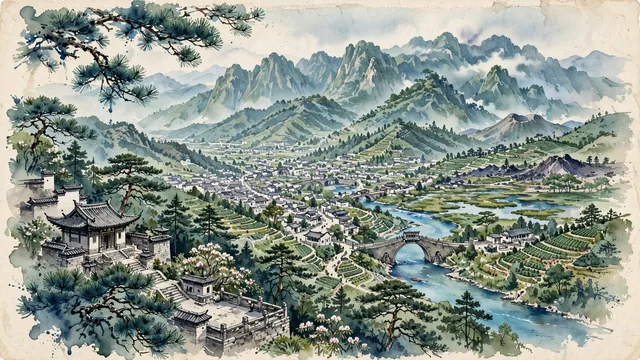 Watercolour of Baoshan, China. The historic Southwest Silk Road hub (Yongchang) nestled in western Yunnan's Gaoligong Mountains, with Taibao Mountain and Qing Dynasty Yulong Bridge.