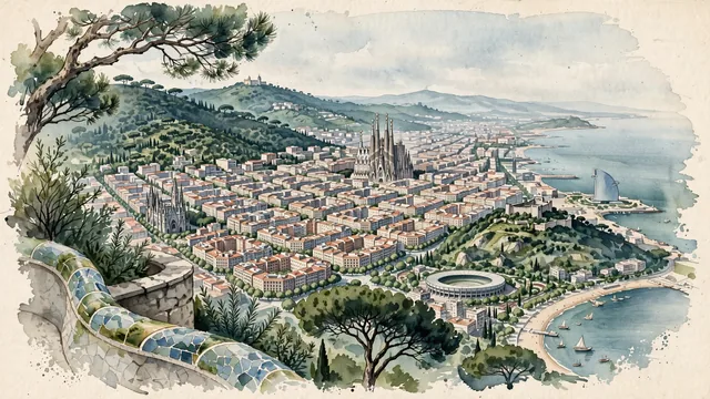 Watercolour of Barcelona, Spain. Between the Mediterranean Sea and the Collserola ridge, with Antoni Gaudí's Basílica de la Sagrada Família and Montjuïc Castle.
