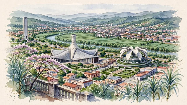 Watercolour of Barquisimeto, Venezuela. The "City of Twilights" (Ciudad de los Crepúsculos) and Musical Capital of Venezuela, with Cathedral of Our Lady of Mount Carmel and Flor de Venezuela.