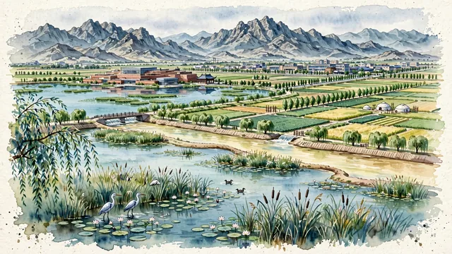 Watercolour of Bayan Nur, China. In the lush Hetao Plain along the northern great bend of the Yellow River beneath the Yin Mountains, with Wuliangsu Lake and Yellow River.