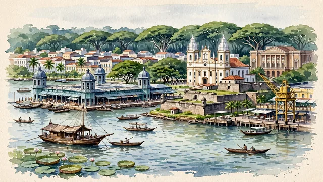 Watercolour of Belém, Brazil. The "City of Mango Trees" (Cidade das Mangueiras) and the gateway to the Amazon on Guajará Bay, with Ver-o-Peso Market and Forte do Presépio.