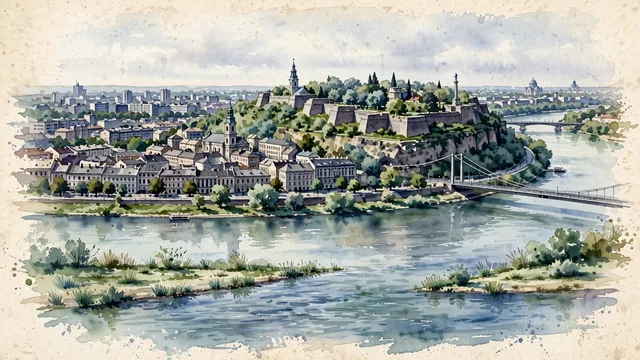 Watercolour of Belgrade, Serbia. Belgrade’s older city rising above the confluence of the Sava and Danube, in contrast to the flatter alluvial terrain of New Belgrade across the water, with Belgrade Fortress and Kalemegdan and The Pobednik monument.