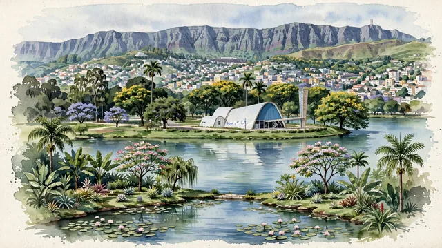 Watercolour of Belo Horizonte, Brazil. The capital of Minas Gerais framed by the Serra do Curral mountain range, with Church of Saint Francis of Assisi and Lake Pampulha.