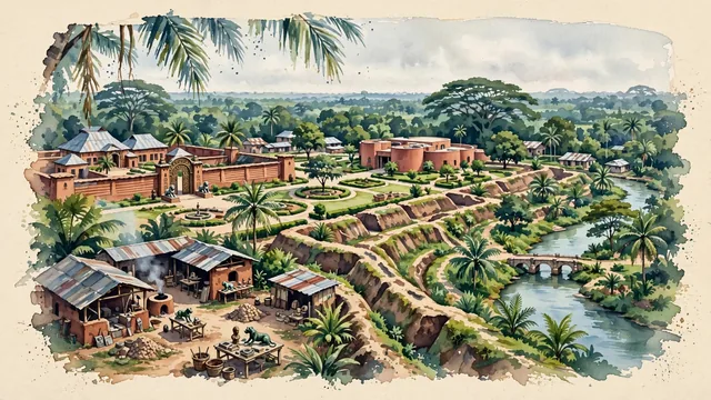 Watercolour of Benin City, Nigeria. The ancient heart of the Kingdom of Benin, renowned for its royal bronze casting, earthworks, and King's Square, with Oba of Benin's Royal Palace and King's Square.