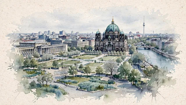 Watercolour of Berlin, Germany. Central Berlin on the low, flat terrain around the Spree, with the Museum Island area embedded in a substantial modern city. Featuring Berlin Cathedral, the Berliner Dom and The Altes Museum.