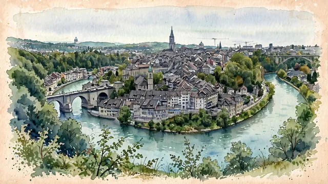Watercolour of Bern, Switzerland. Bern’s old city on the raised promontory inside a tight bend of the Aare, with steep, wooded riverbanks below the dense roofscape. Featuring Bern Minster, the Berner Münster and Nydegg Church.