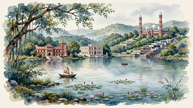 Watercolour of Bhopal, India. The "City of Lakes" in central India, with Taj-ul-Masajid and Upper Lake.