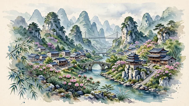 Watercolour of Bijie, China. In the dramatic karst mountains of northwestern Guizhou, with Wumeng Mountain Range and Baili Azalea.