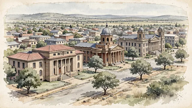 Watercolour of Bloemfontein, South Africa. Bloemfontein on the open, dry interior plateau, with a low urban profile interrupted by modest koppies rather than coastal mountains. Featuring President Brand Street and The Supreme Court of Appeal.