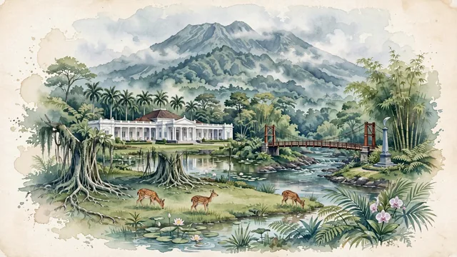 Watercolour of Bogor, Indonesia. The "Rain City" (Kota Hujan) and colonial Buitenzorg set beneath Mount Salak, with Istana Bogor and Mount Salak.