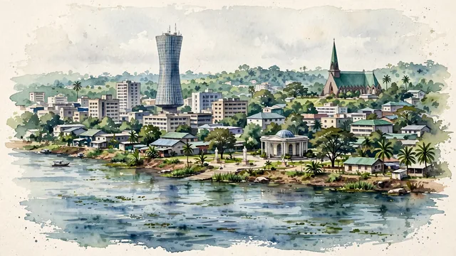 Watercolour of Brazzaville, Republic of the Congo. Brazzaville on the northern side of the Congo River near the downstream end of Pool Malebo, with The Nabemba Tower and The Pierre Savorgnan de Brazza memorial.
