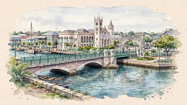 Watercolour of Bridgetown, Barbados. Bridgetown as a low coral-island port beside Carlisle Bay, organized in this view around the narrow tidal Careenage of the Constitution River, with The Parliament Buildings and The Careenage.
