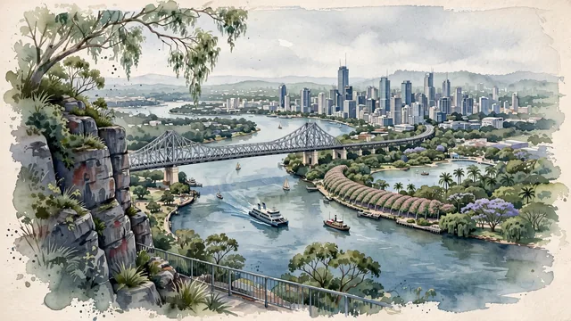 Watercolour of Brisbane, Australia. The subtropical river city, with Kangaroo Point and Fortitude Valley and Kangaroo Point.