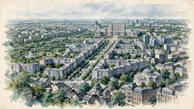 Watercolour of Bucharest, Romania. A large, flat city spread across the Wallachian plain along the narrow, canalized Dâmbovița River, with wide boulevards, dense tree canopy. Featuring Palace of the Parliament and People's Salvation Cathedral.