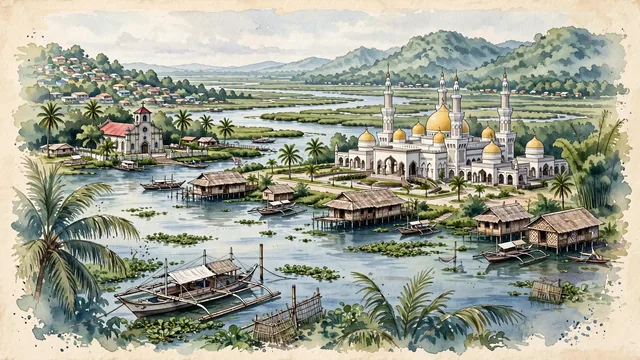Watercolour of Budta, Philippines. The Cotabato-Budta area in the Rio Grande de Mindanao delta, with Sultan Haji Hassanal Bolkiah Mosque and Tamontaka Church.