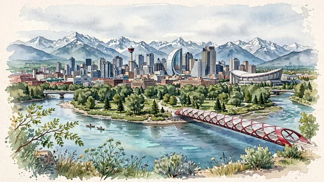 Watercolour of Calgary, Canada. Where the Bow River meets the Canadian Rocky Mountains, with Calgary Tower and Peace Bridge.