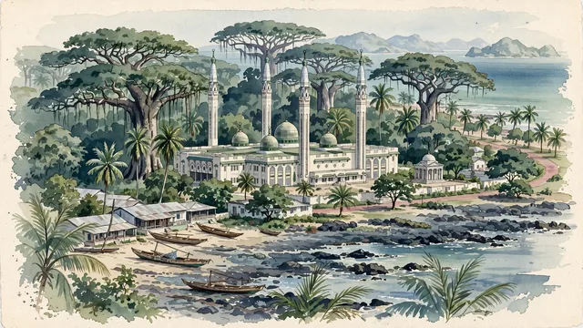 Watercolour of Camayenne, Guinea. Along the Atlantic coastline of the Kaloum peninsula, with Conakry Grand Mosque and Camayenne Botanical Garden.