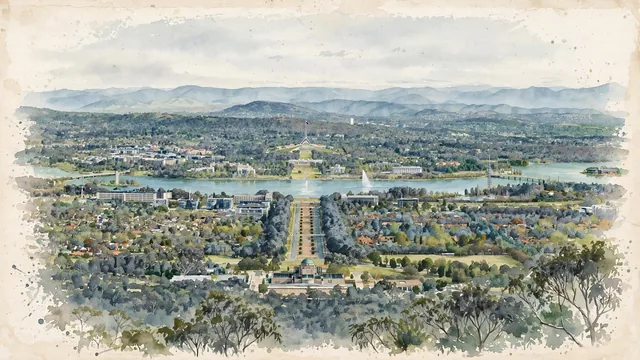 Watercolour of Canberra, Australia. A low, spacious planned city arranged around the curving shores of Lake Burley Griffin and laid out along formal axes among wooded hills, with Australian War Memorial and Australian War Memorial.