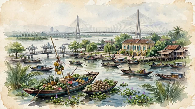 Watercolour of Cần Thơ, Vietnam. The "Western Capital" (Tây Đô) and beating heart of the Mekong Delta on the Hậu River, with Cái Răng Floating Market and Ninh Kiều Wharf.