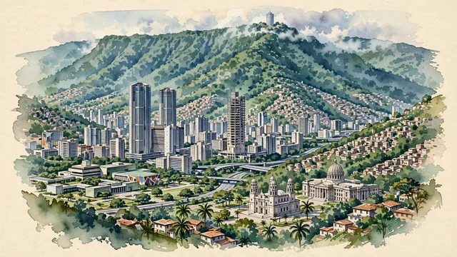 Watercolour of Caracas, Venezuela. A long, narrow valley filled with high-rise towers. Featuring Hotel Humboldt and Parque Central.