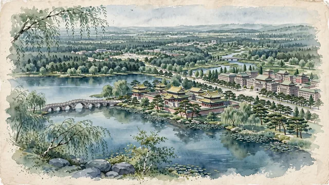 Watercolour of Changchun, China. The "Spring City of the North" and "Forest City" in the Manchurian Plain, with Museum of the Imperial Palace of Manchukuo and Eight Great Ministries.
