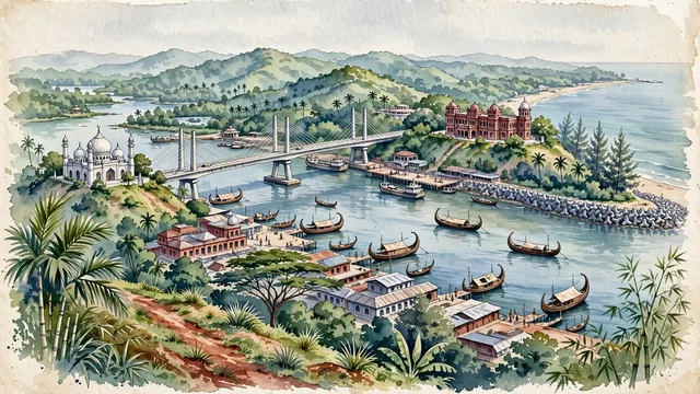 Watercolour of Chattogram, Bangladesh. The ancient maritime port and "City of Twelve Saints" where the Karnaphuli River enters the Bay of Bengal, with Foy's Lake and Port of Chittagong.