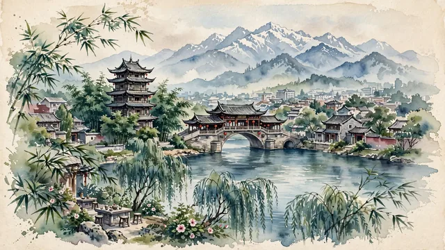 Watercolour of Chengdu, China. The "Land of Abundance" (Tianfu Zhi Guo) along the Jinjiang River beneath the distant snow-capped Qionglai Mountains, with Wangjianglou and Anshun Bridge.