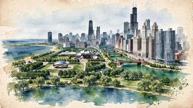 Watercolour of Chicago, United States. The "Second City" and architectural capital on Lake Michigan, with Willis Tower and North Michigan Avenue.